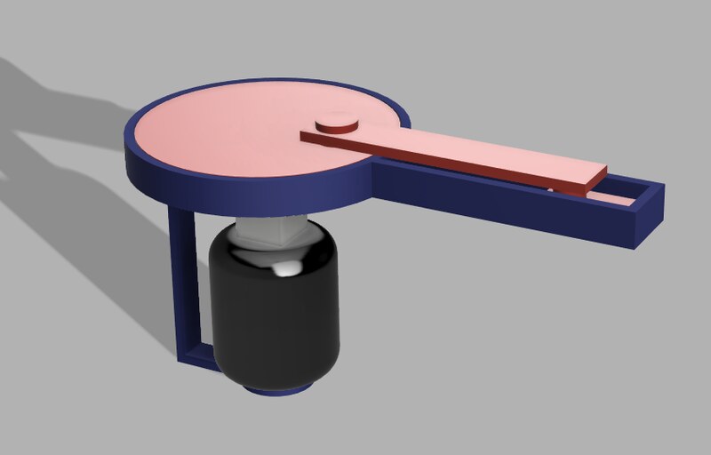 CAD render of the treat dispenser mechanism with a rotating disc and dispensing channel